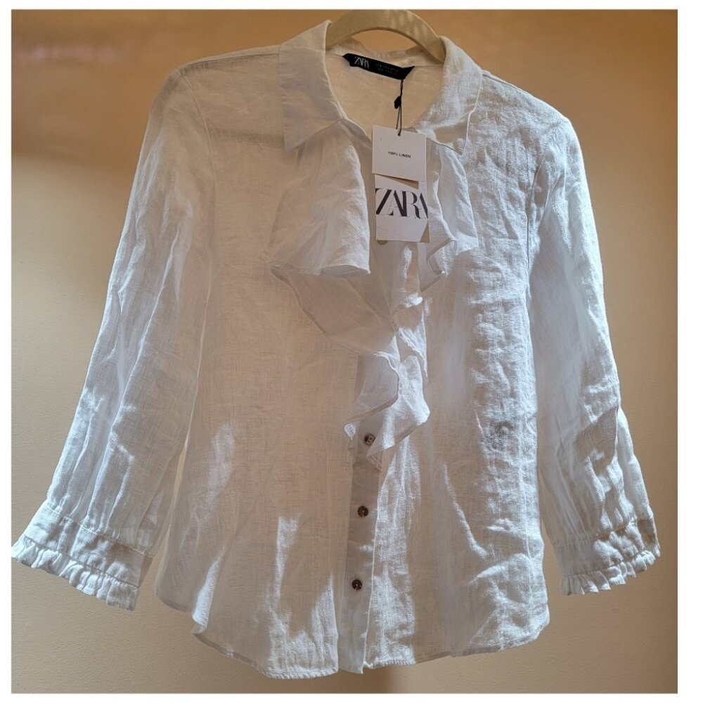 Zara White Linen Ruffled Blouse, Size S, NWT